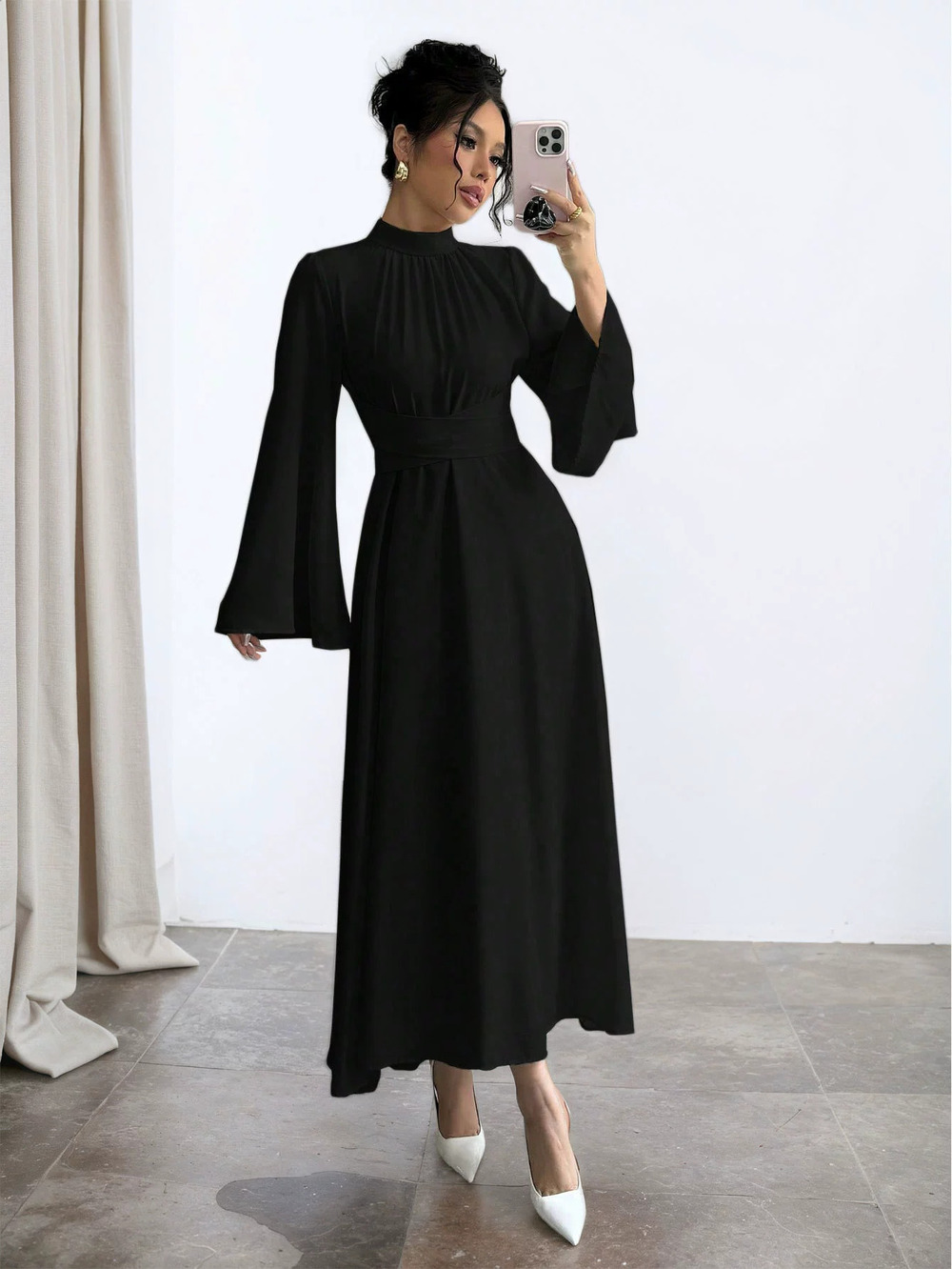 ZARA Black Mandarin Fitted Maxi Dress Retro Long Bell Sleeve Solid Petite